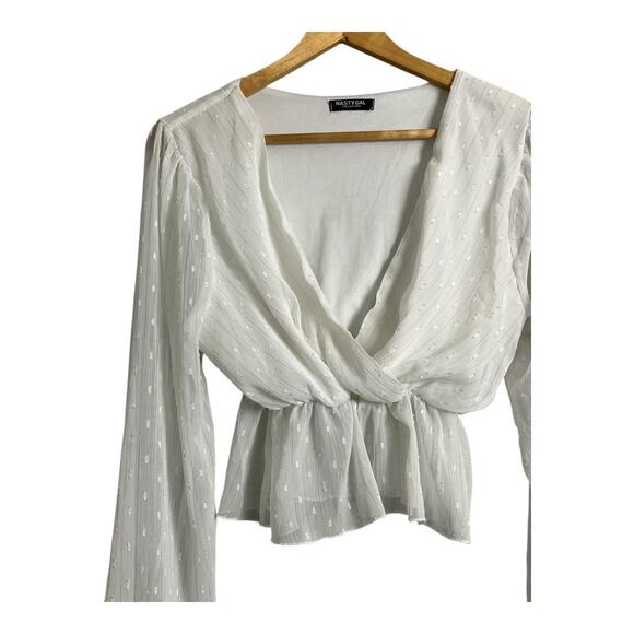 Nasty Gal V-neck White Blouse Shirt Top Peplum Ruffle Small Medium - Picture 3 of 5